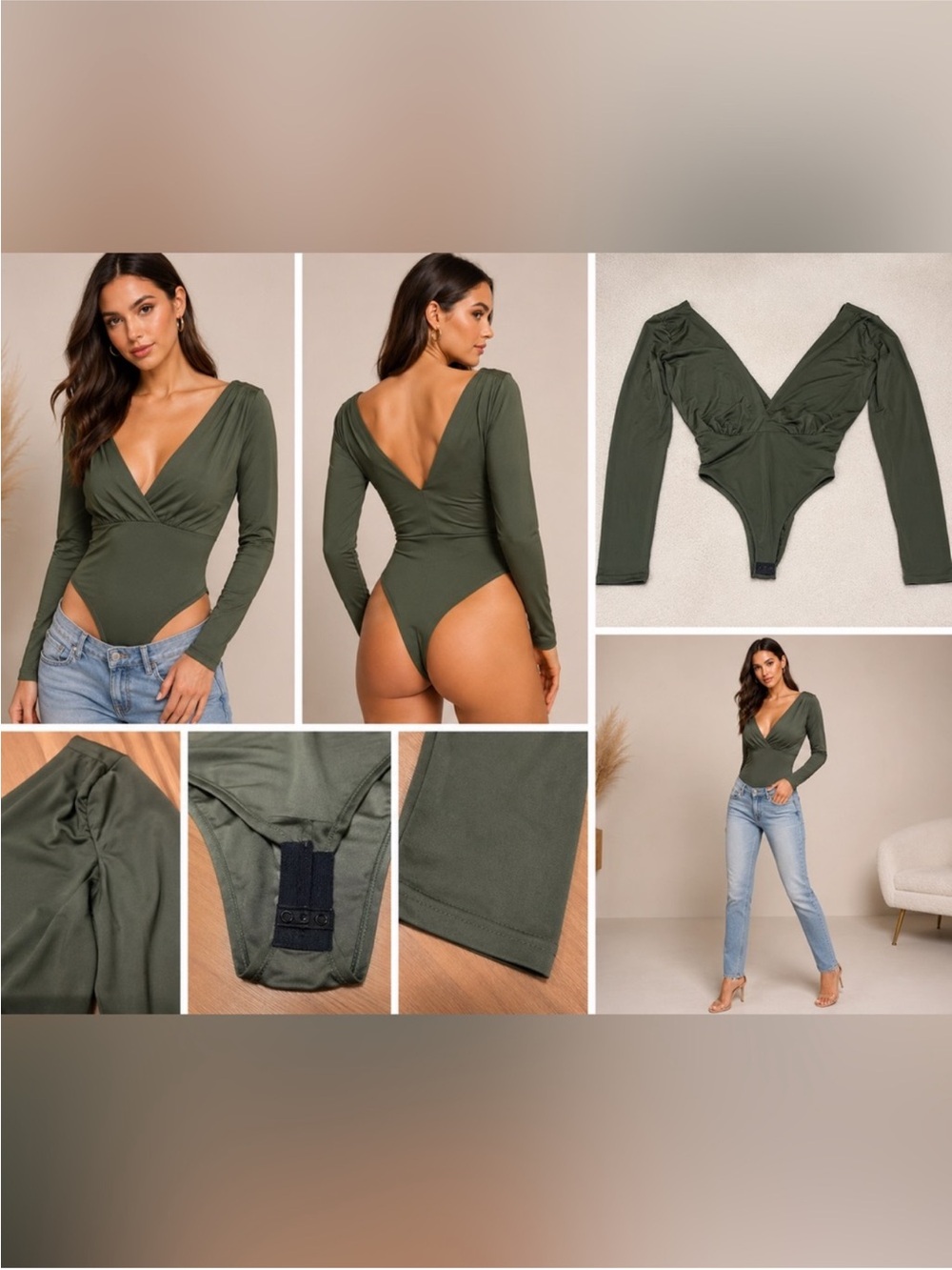 Naked Wardrobe Olive Green Deep V Long Sleeve Bodysuit Size M